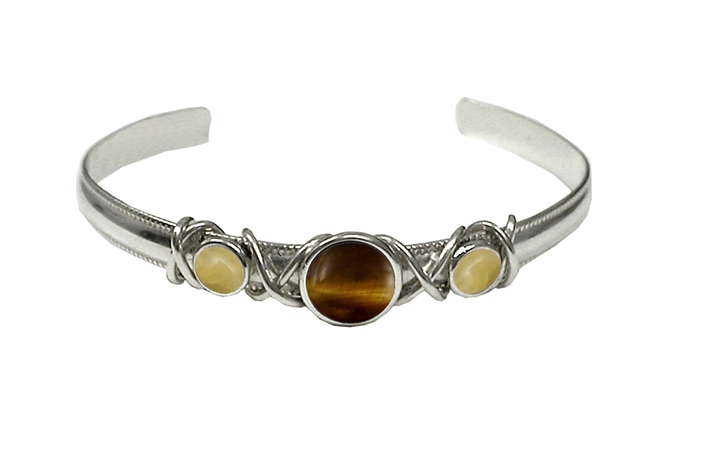 Sterling Silver Hand Made Cuff Bracelet With Tiger Eye And Yellow Aragonite